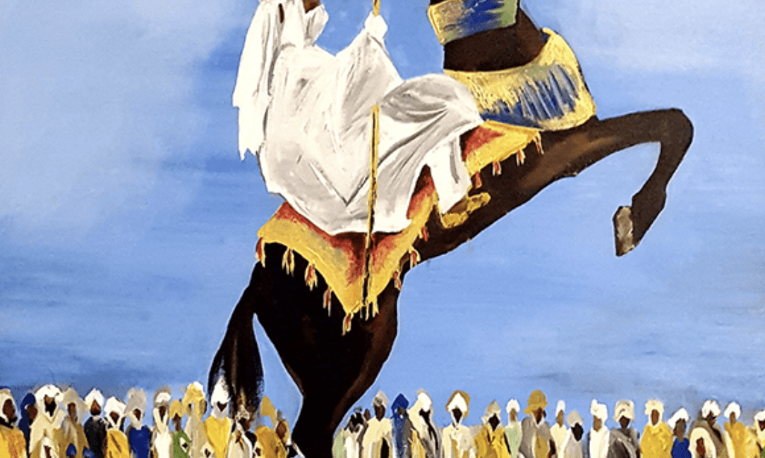 Adebayo Taiwo’s equestrian canvas speaks to the artist’s Nigerian heritage. (The Silos at Sawyer Yards, Studio 118)