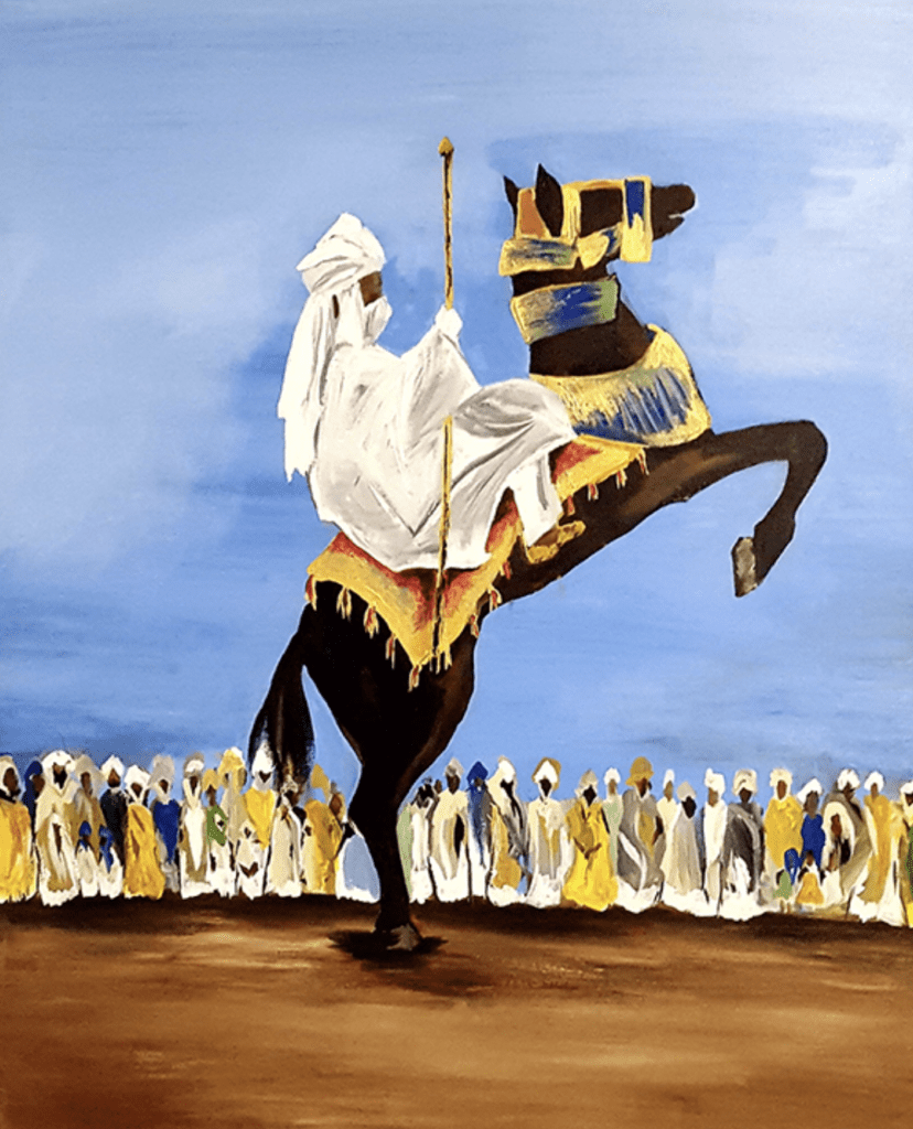Adebayo Taiwo's equestrian canvas speaks to the artist's Nigerian heritage. (The Silos at Sawyer Yards,
Studio 118)