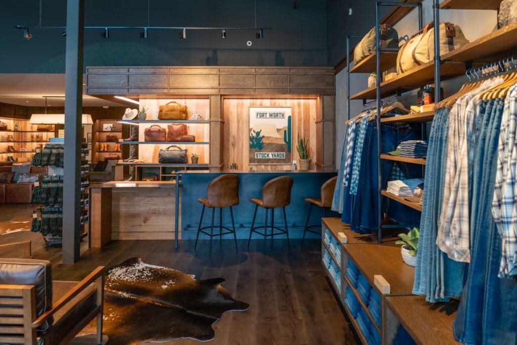 The Fort Worth Tecovas showroom is stocked with apparel.