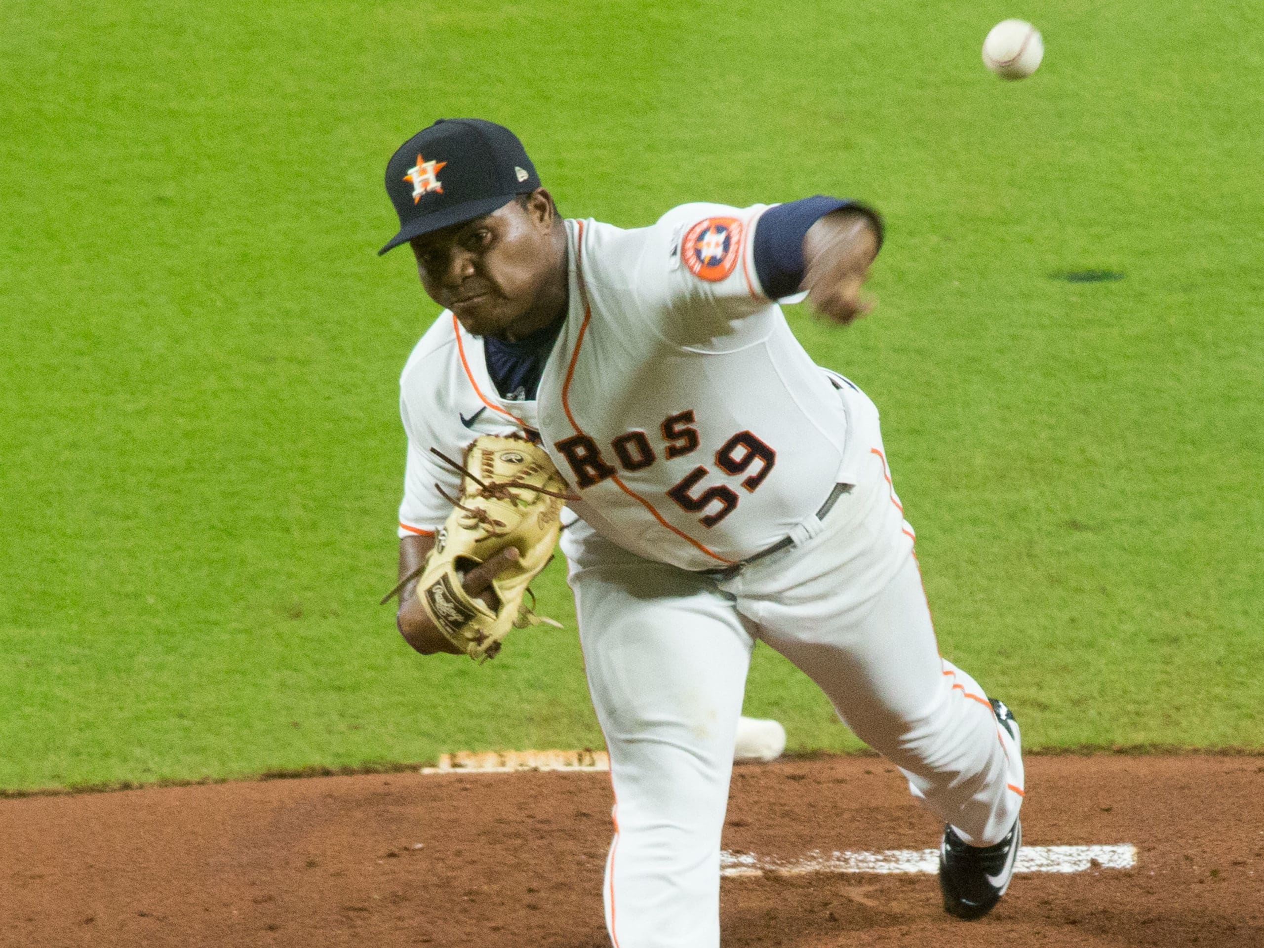 Framber Valdez tosses a pitch in the first inning in a rematch of the 2017 World Series at Minute Maid Park