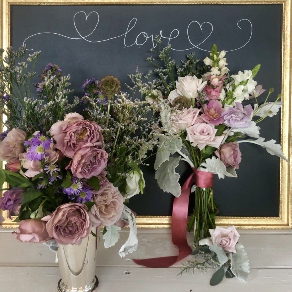 The bridal Bouquet, bouttoniere and statement arrangement from Flower Child are part of the Intimate Wedding packages at Hope Farms (Photo by Gracie Cavnar)
