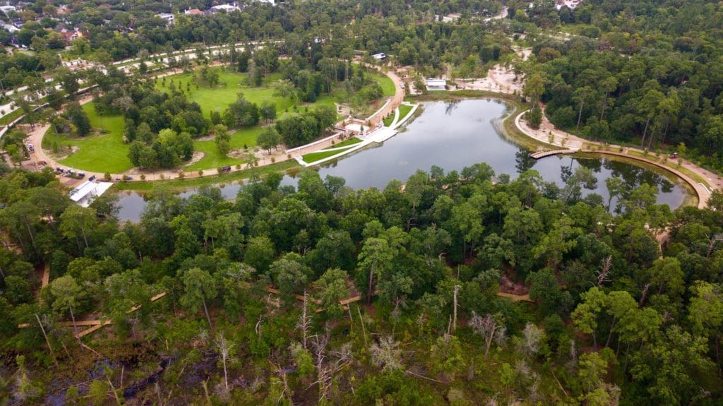 An aerial view of Hines Lake in the Clay Family Eastern Glades in Memorial Park. (Photo by Memorial Park Conservancy)