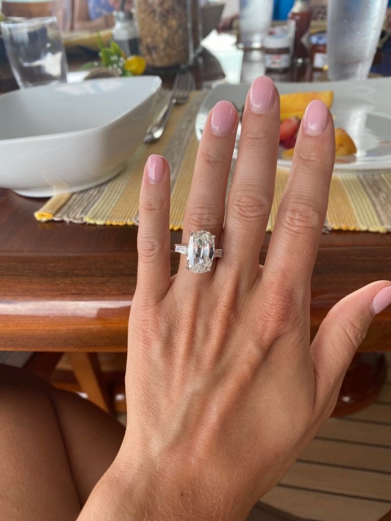 The10+ carat cushion cut brilliant diamond set in platinum engagement ring was custom created for her by Franco Valobra of Valobra Master Jewels. (Courtesy photo)