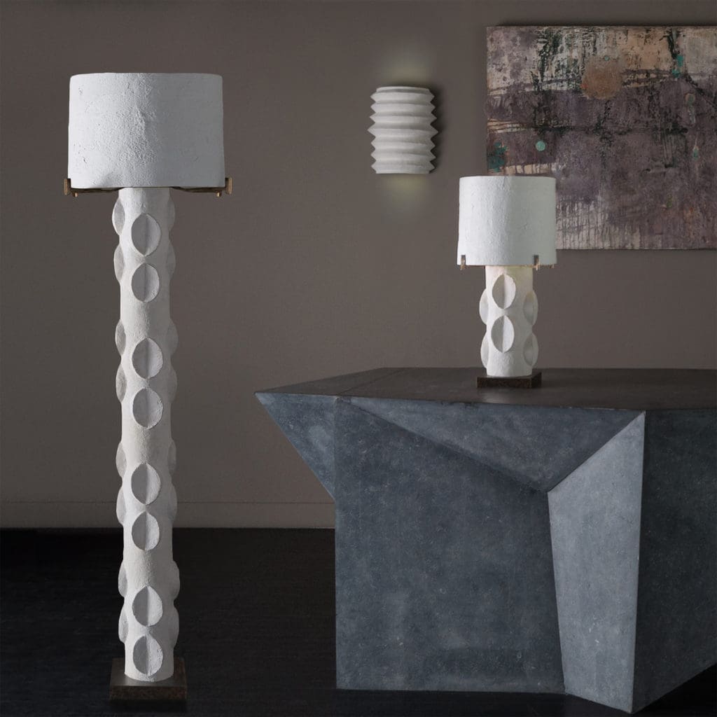 A monumental Wedge plaster floor lamp and Wedge table lamp 