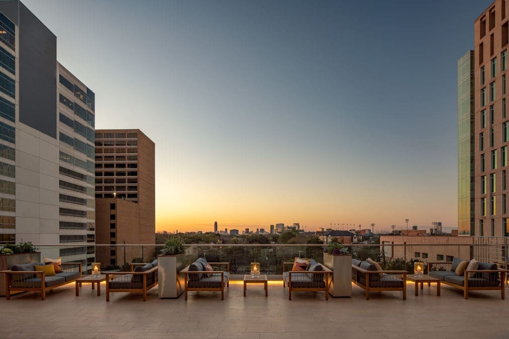 Beautiful sunset view on terrace of The Westin Houston Medical Center, overlooking the treetops of Rice University and the core of the Medical Center (Photo by The Westin Houston Medical Center)