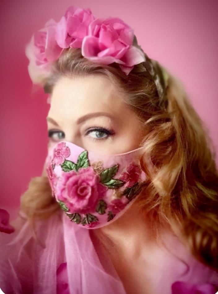 The glamorous Debra Linse in one of her embellished floral masks and floral headband. (Courtesy photo)
