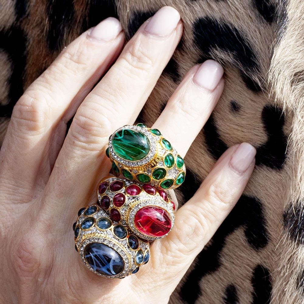 Prep your picnic perfect look in La Belle rings from A' Bientot. The melody of cabochons, pave diamonds and gold is available in emeralds, rubies or sapphires. 