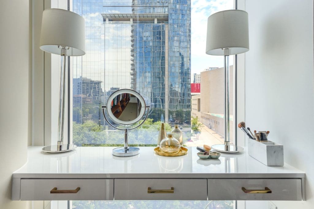 With walk-in closet and dressing table with a view of downtown.