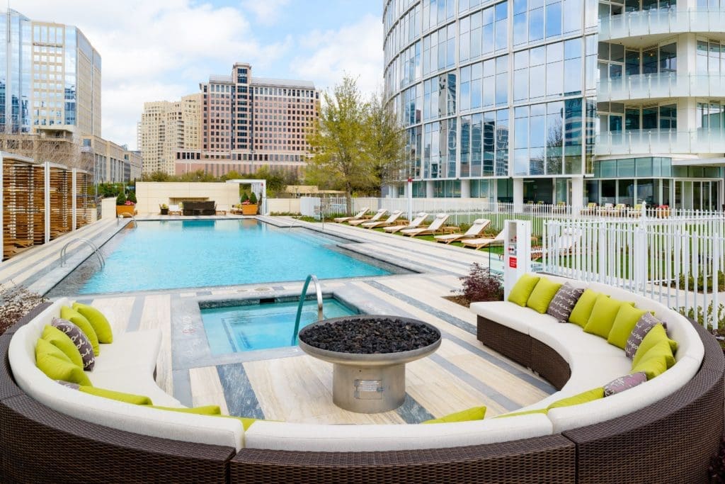 Pool and lounge seating near the fire pit.