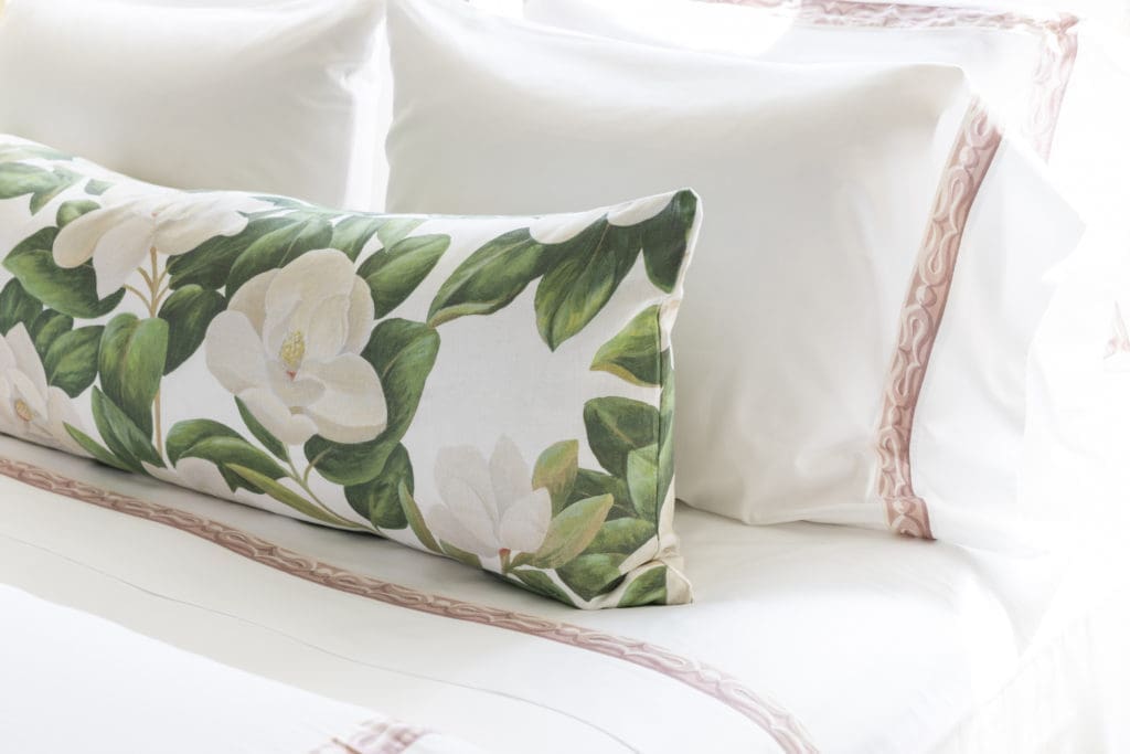 Pillows in the Magnolia Collection from Tribute Goods come in a variety of shapes and sizes including the extra-long lumbar pillow.  (Photo by Tribute Goods)