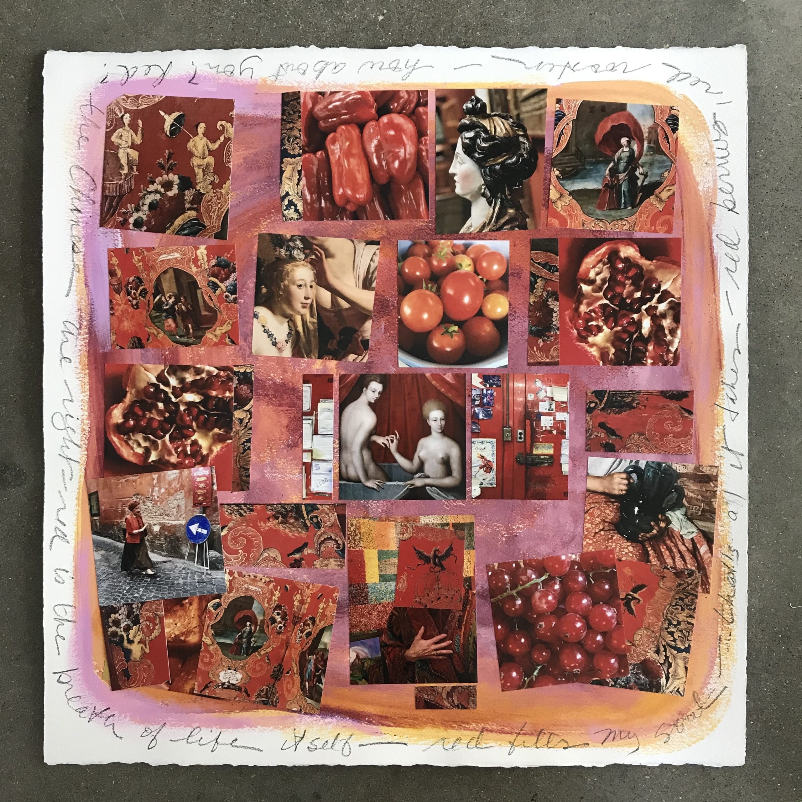 “Red is the Breath of Life Itself” Multi-media photo collage with handwritten narrative around the borders. (Photo by Mary Margaret Hansen)