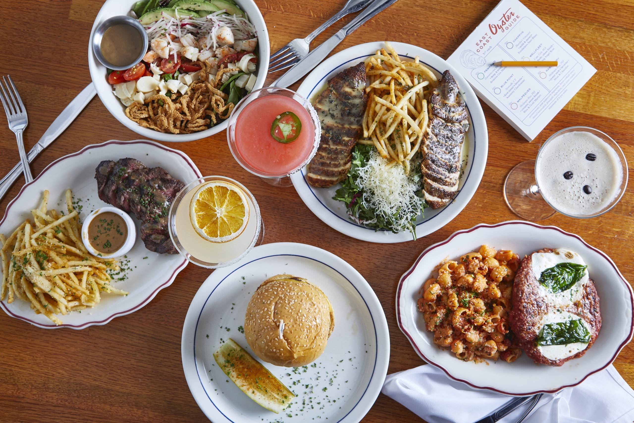 Hudson House_Steak Frites, Beverly Salad, French Chicken, Espresso Martini, Chicken Parm, The Cheeseburger, Stone Fruit Martini, The Cabo Martini_Courtesy of Vandelay Hospitality Group (Photo by Courtesy of Vandelay Hospitality Group)
