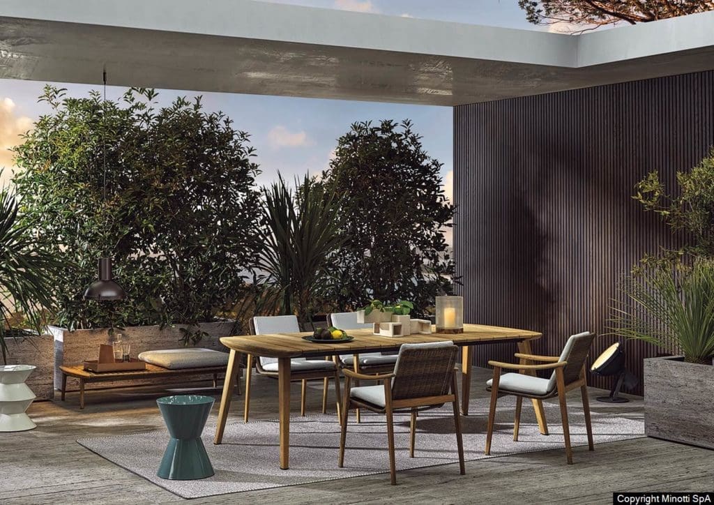 Inspired by Scandinavian design, the Fynn Outdoor collection's tables are made of natural solid teak, with chairs featuring an interwoven frame and comfortable cushions.