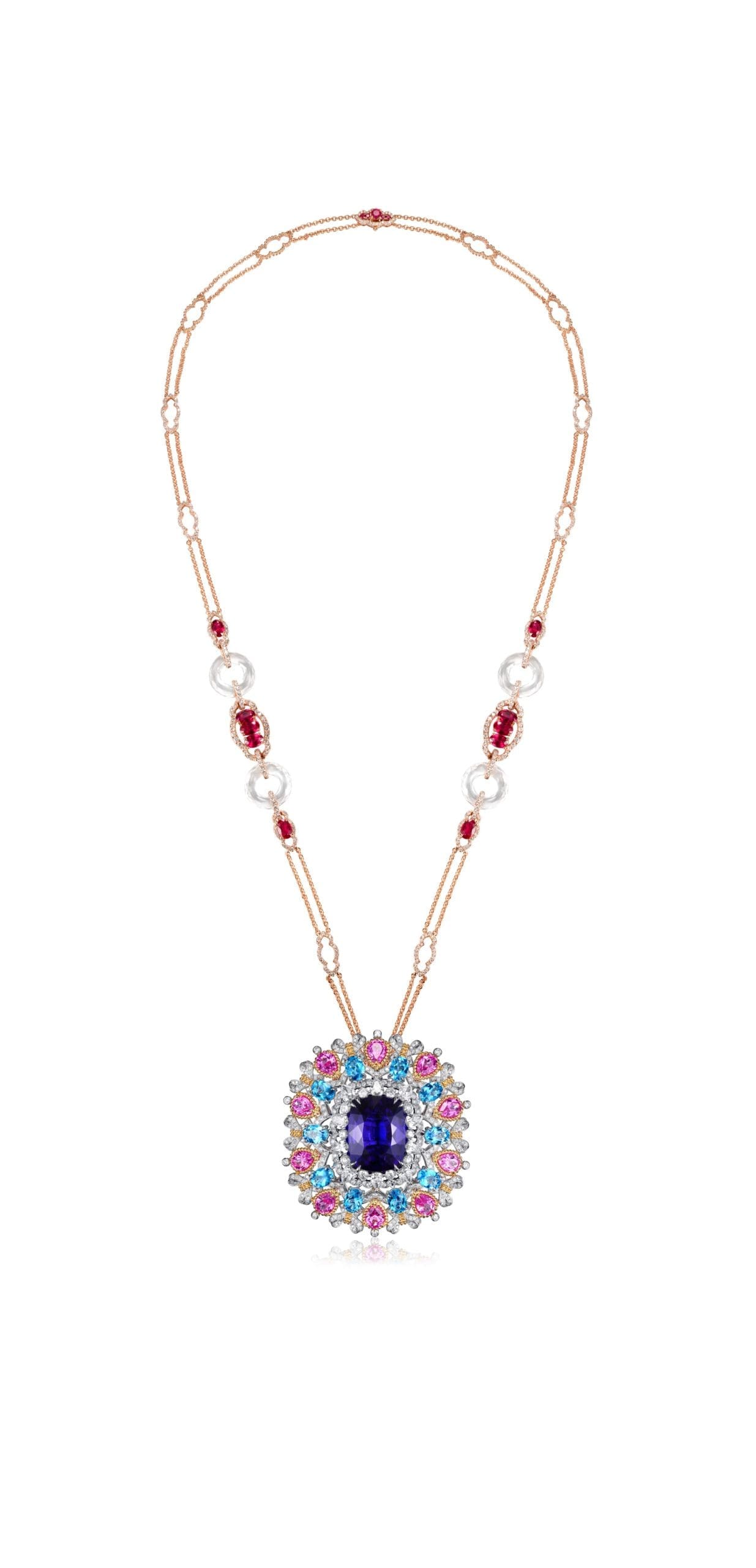 From the Fabergé x James Ganh capsule collection yellow, white and rose gold cushion cut tanzanite and mutli-colored gemstone transformable necklace, ring and brooch.