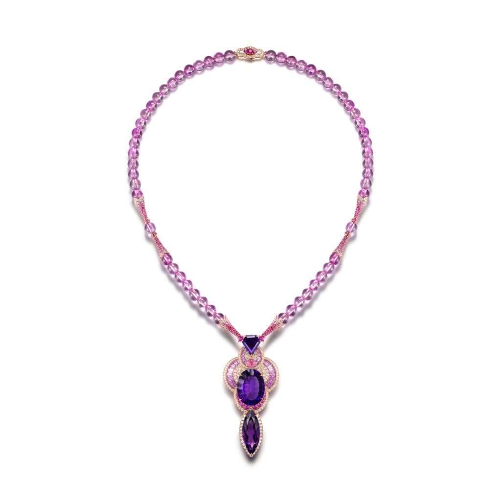 Fabergé x James Ganh rose quartz bead necklace embellished with a drop in amethyst rose-gold, diamond, amethyst, pink-ruby, tourmaline and rose-quartz. 