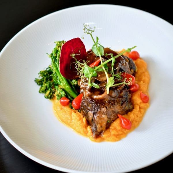 Cabernet Braised Texas Short Ribs with Maple Sweet Potato Puree & Pan Roasted Broccolini