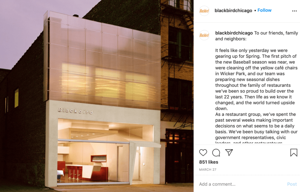 Blackbird of Chicago posts an Instagram lament early in the COVID-19 disaster.  (Instagram photo)
