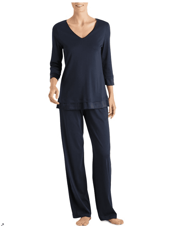 Sleek and sophisticated, the Lamia three-quarter sleeve pajama set in 100 percent cotton from Hanro is priced at $268.