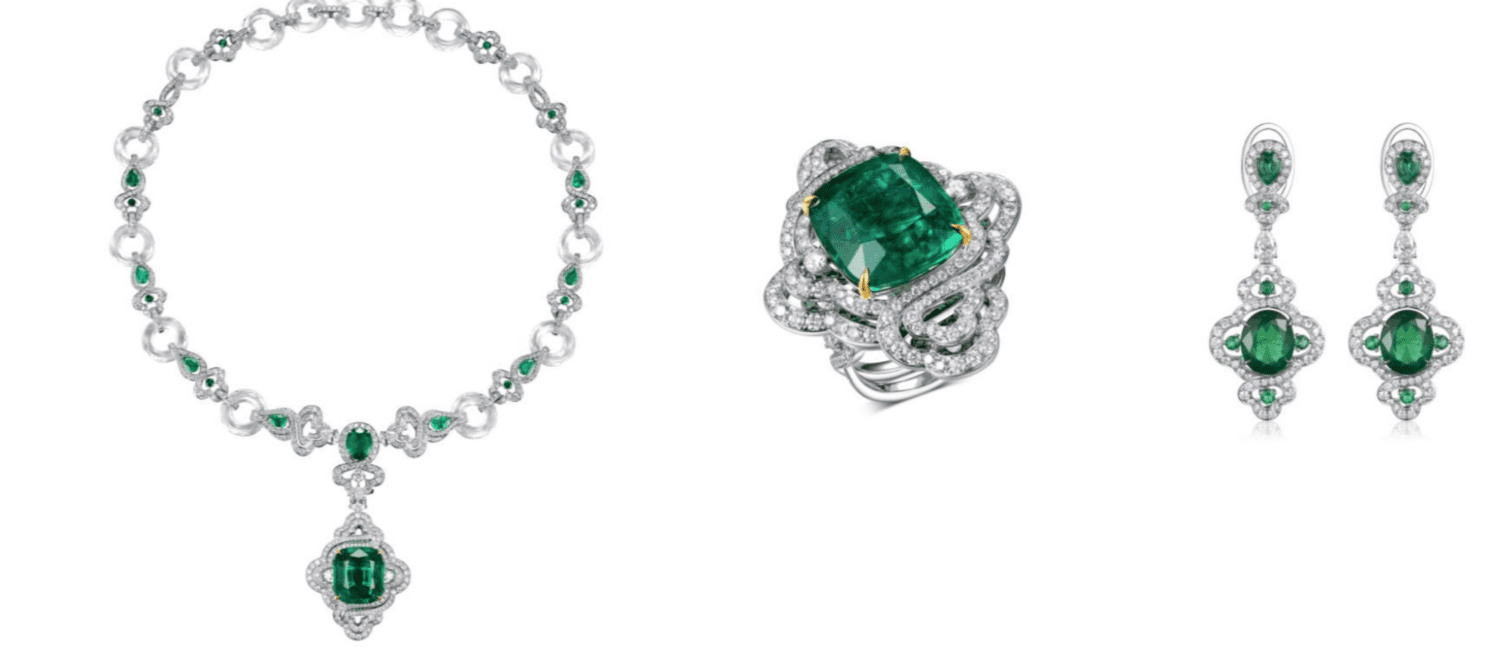 Fabergé x James Ganh White Gold Cushion Cut Emerald and Diamond Earrings