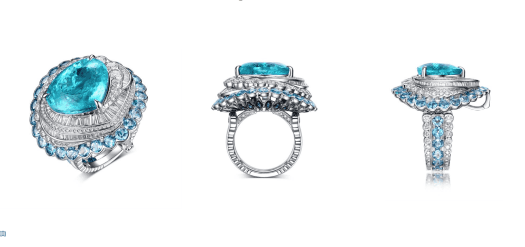 Fabergé x James Ganh white gold
trillion cut paraiba tourmaline and diamond transformable ting and pendant.