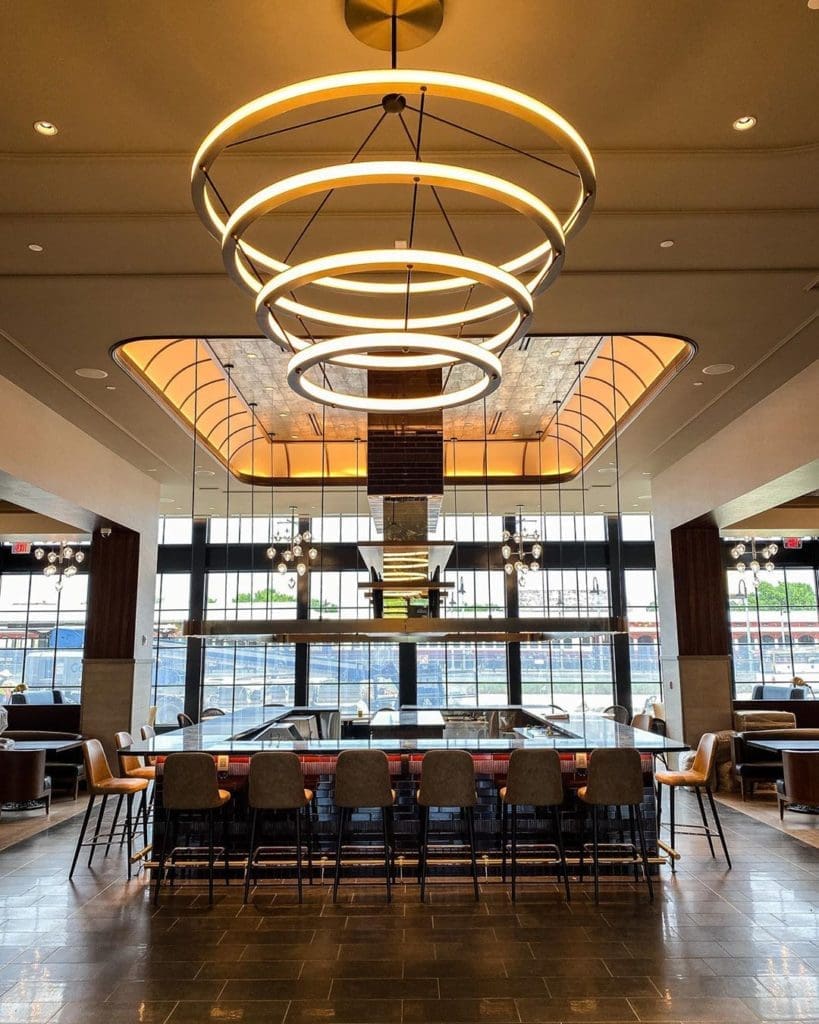 Architectural detail and soaring volume inside Bacchus Kitchen + Bar.