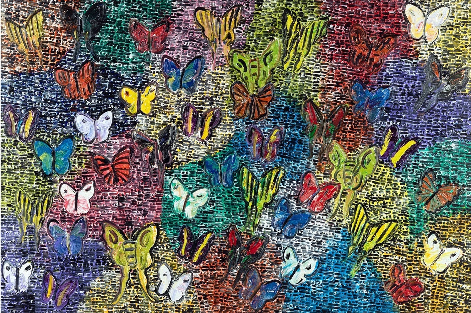Hunt Slonem’s “Guardians and Butterflies Cloak,” 2019, at Laura Rathe Fine Art