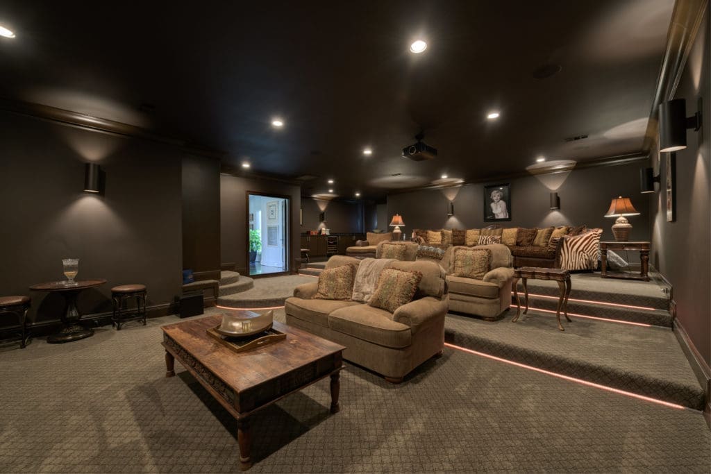 This home theater is more living room than movie theater — a comfy corner for watching "Schitt's Creek."