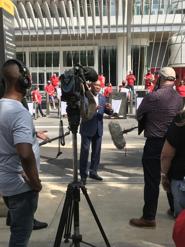 Mayor Sylvester Turner talks with media about the 'Red Alert' lighting of entertainment venues across the world.