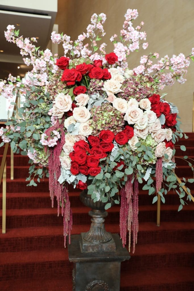 Despite the limited attendance at the Houston Symphony Opening Night concert, florals added a festive note to Jones Hall. (Photo by Priscilla Dickson)