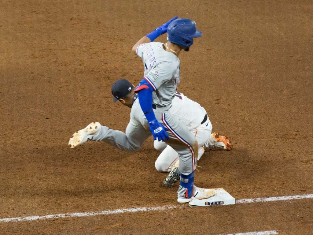 The speed of the Texas Rangers presented some problems for the Houston Astros. (Photo by F. Carter Smith)