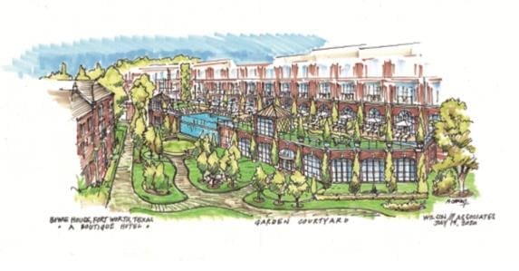 Bowie House Hotel courtyard. Rendering by Michael Crosby.