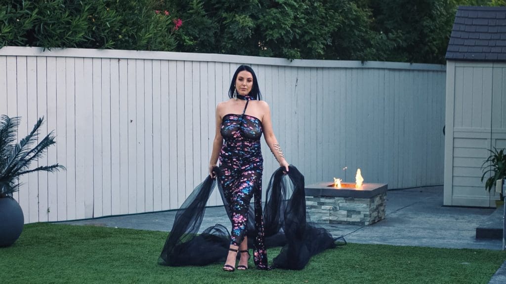 Adult entertainment star Angela White wears a Cesar Galindo gown in a video from Oscar-winning filmmaker Barbara Koppel. (Photo courtesy of Brazzers)
