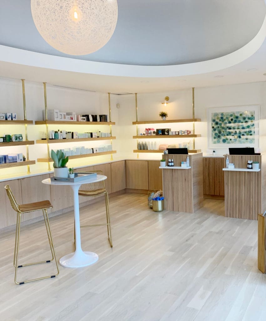 The day spa traded dark woods and deep greens for an airier feel.