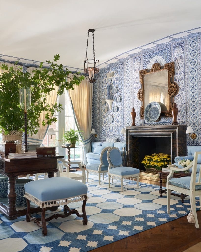 Window coverings are by The Shade Store. Hanging lantern from Paul Ferrante. Eighteenth-century mirror over mantel is from John Nelson Antiques in L.A. (Photo Stephen Karlisch)