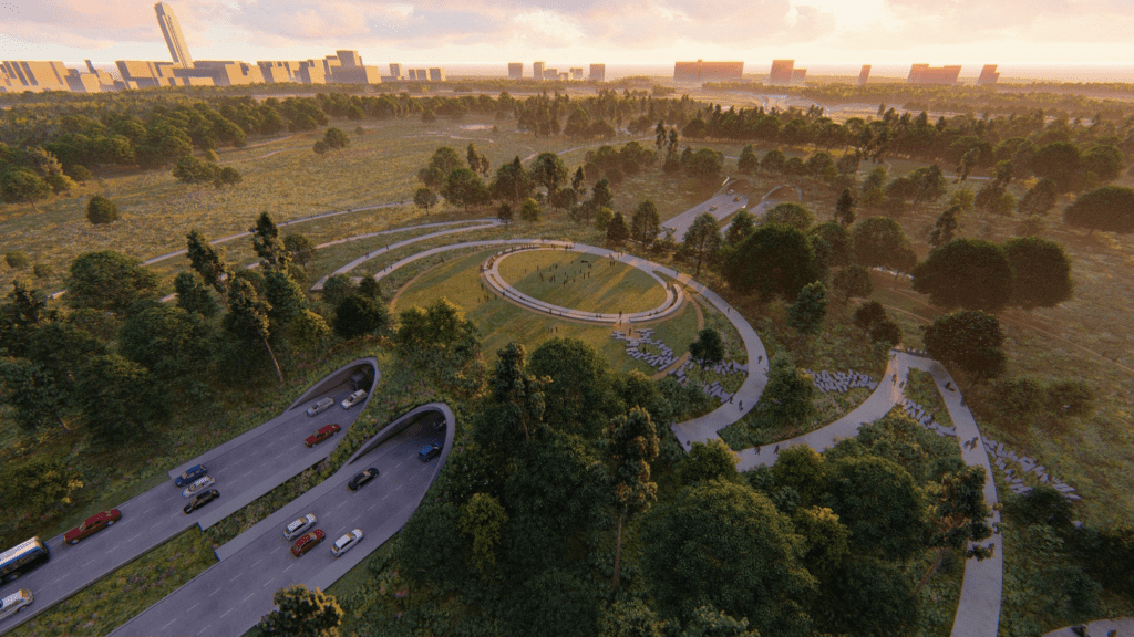 A closer rendering of the Land Bridge and Prairie project. (Courtesy of Nelson Byrd Woltz)
