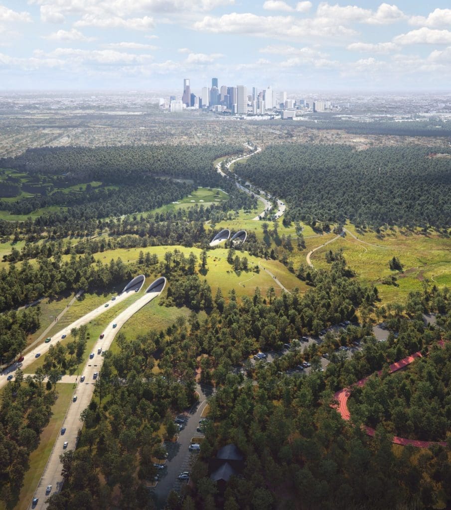 The Land Bridge looking east to the downtown skyline. (Courtesy of Nelson Byrd Woltz)
