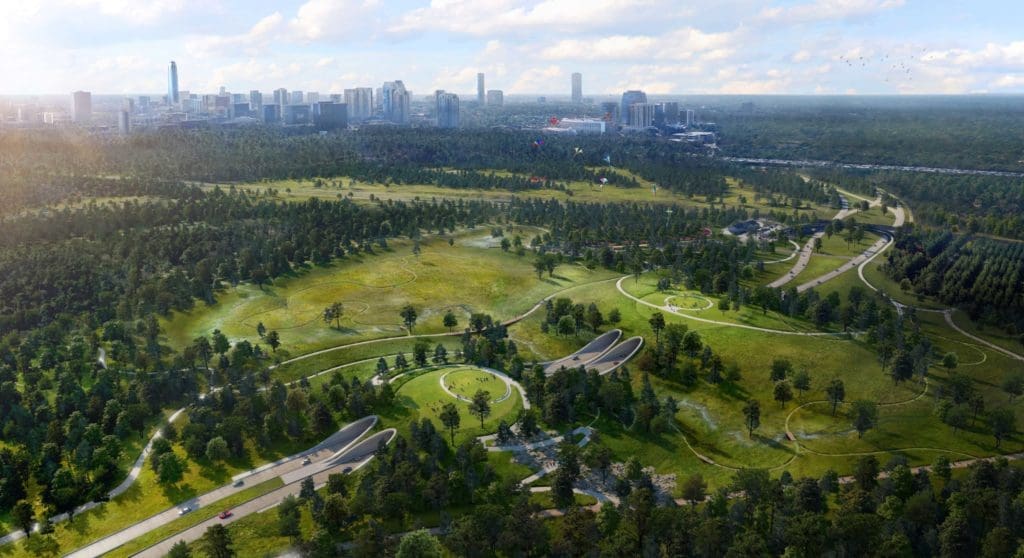 This rendering of the Land Bridge and Prairie development facing west reveals the two tunnels. (Courtesy of Nelson Byrd Woltz)