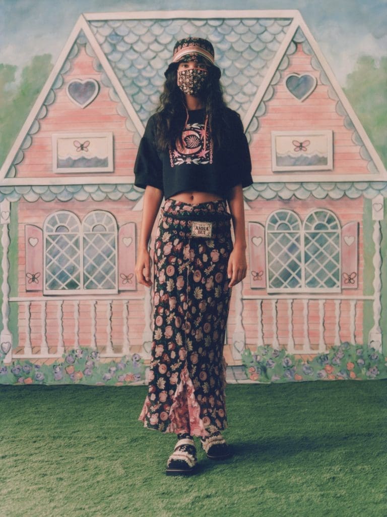 Anna Sui's homespun collection includes floral print skirt with a matching mask. (Photo courtesy of Anna Sui)