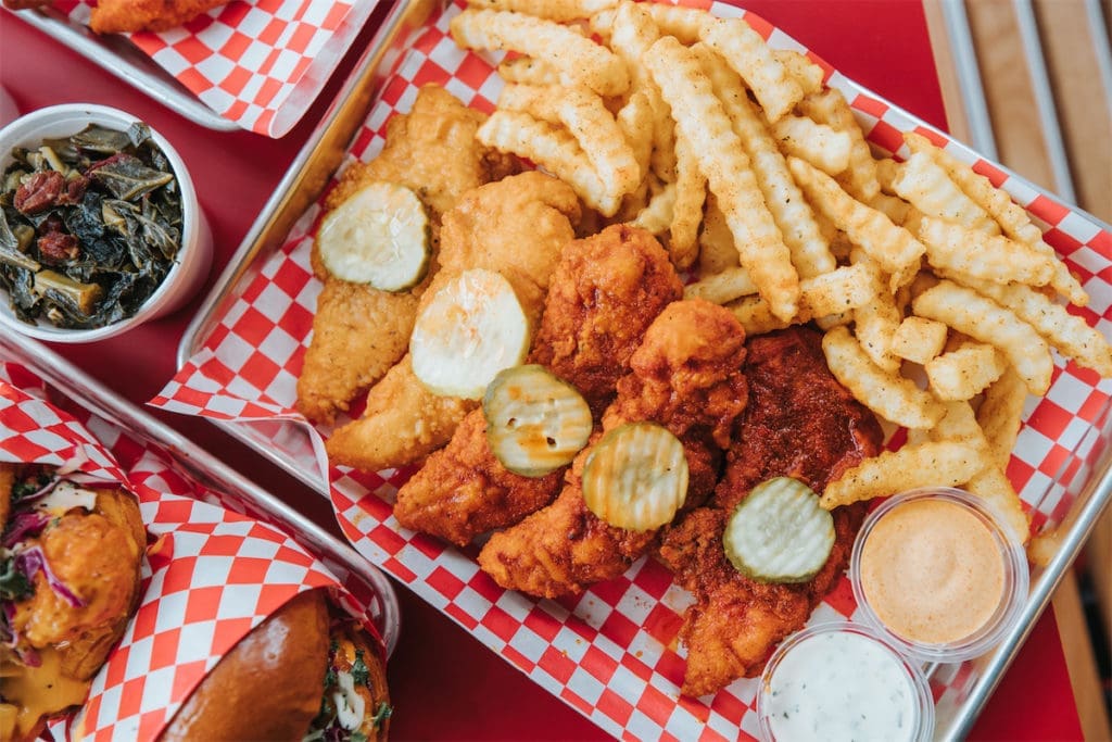 Lucky's chicken tenders in each heat level. (Photo by Spencer Davis)