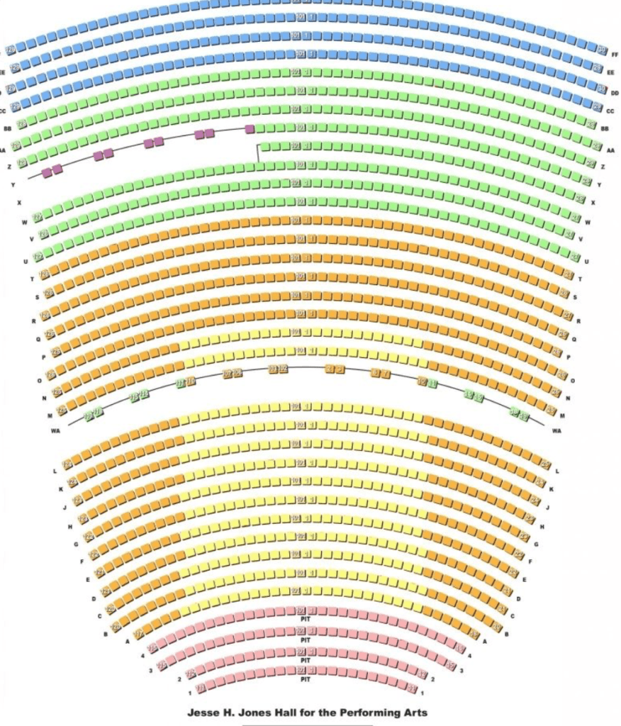 The original Jones Hall seating chart reveals the sweeping rows that were a challenge for those seated in the center. (Houston Symphony)