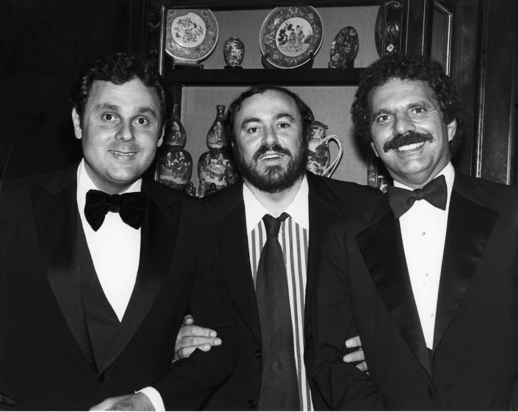 Tony Vallone with famed opera tenor Luciano Pavoratti and famed divorce attorney Bob Piro at Tony's on Post Oak in the 1980s.