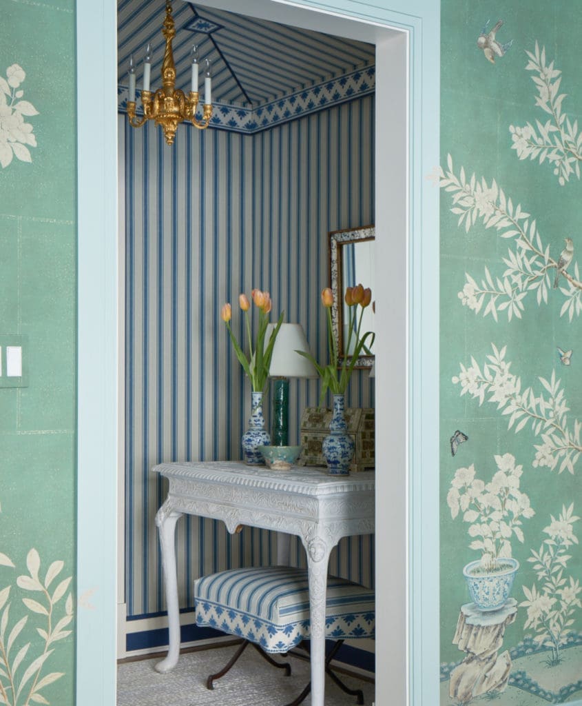 In Mark Sikes's home, a bath tented in a stripe he designed for Schumacher. (Photo Amy Neunsinger)