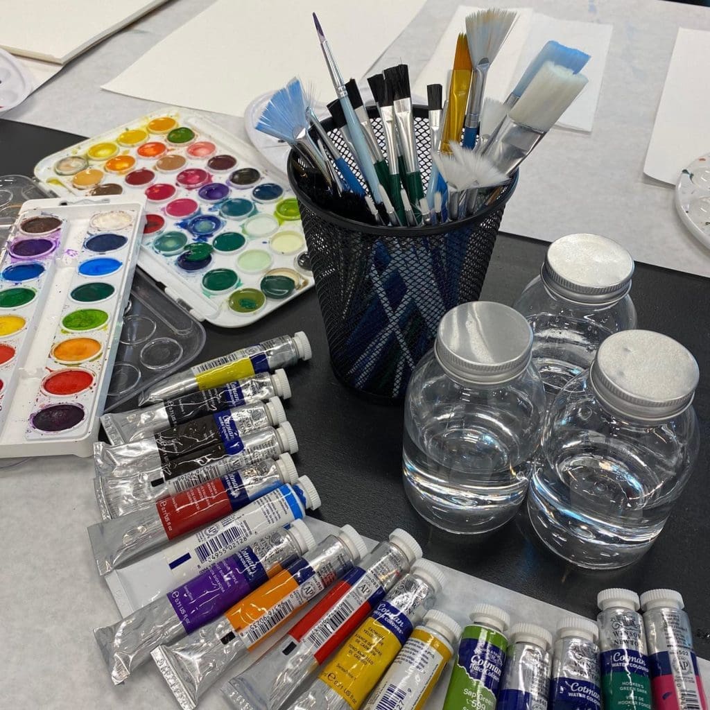 The classroom is stocked with art supplies.
