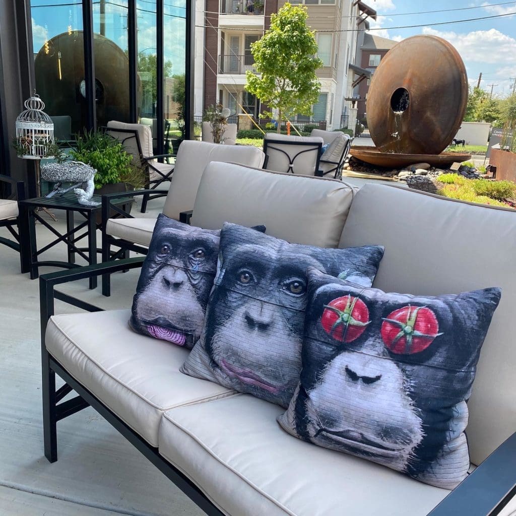 Studio 101 has River District's Monkey Mural pillows for sale.