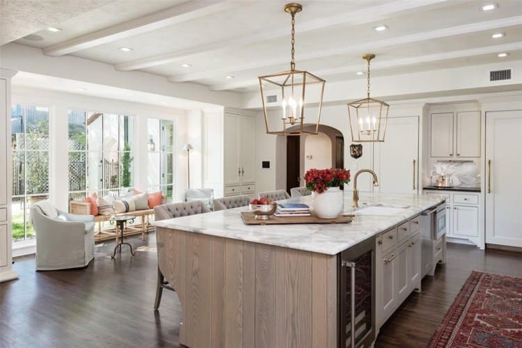 A white marble kitchen was one of the updates in a 2017 renovation. 
