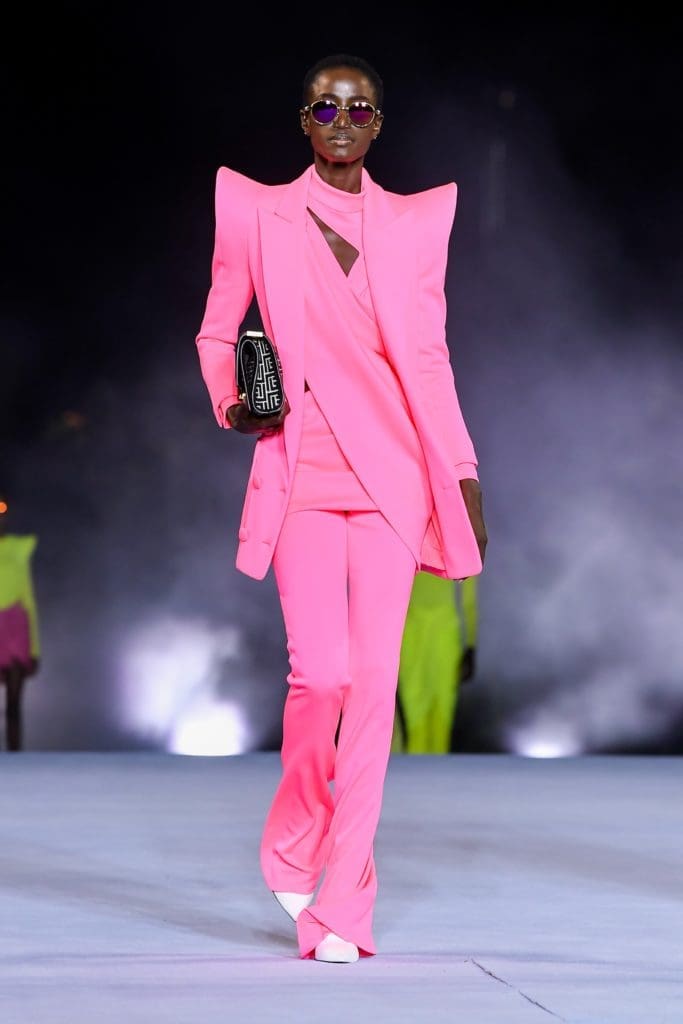 Balmain hot pink big shoulder jacket and trousers. (Photo courtesy of Balmain)