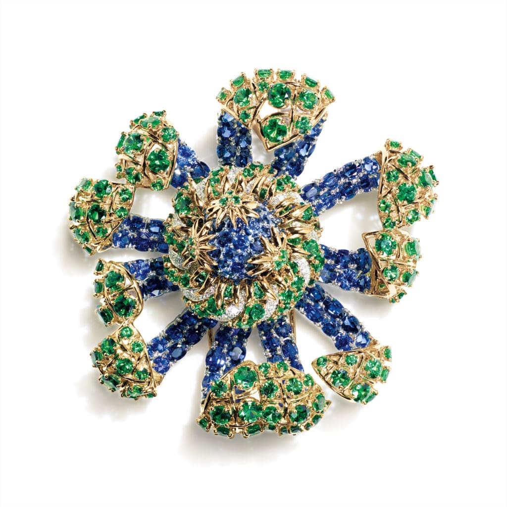Tiffany & Co. Schlumberger® Sea Anemone clip in 18k yellow gold and platinum with sapphires, tsavorites and round brilliant diamonds. All prices upon request.