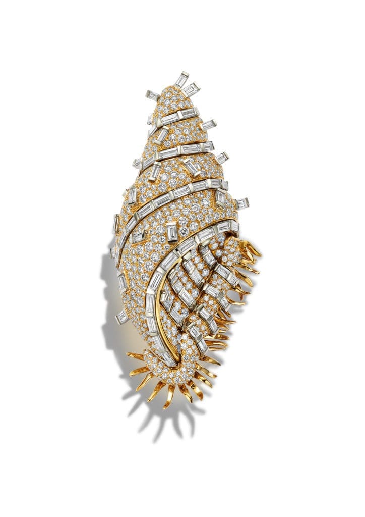 Tiffany & Co. Schlumberger® Shell clip in 18k yellow gold and platinum with baguette and round brilliant diamonds, over 18 total carats. Price upon request

