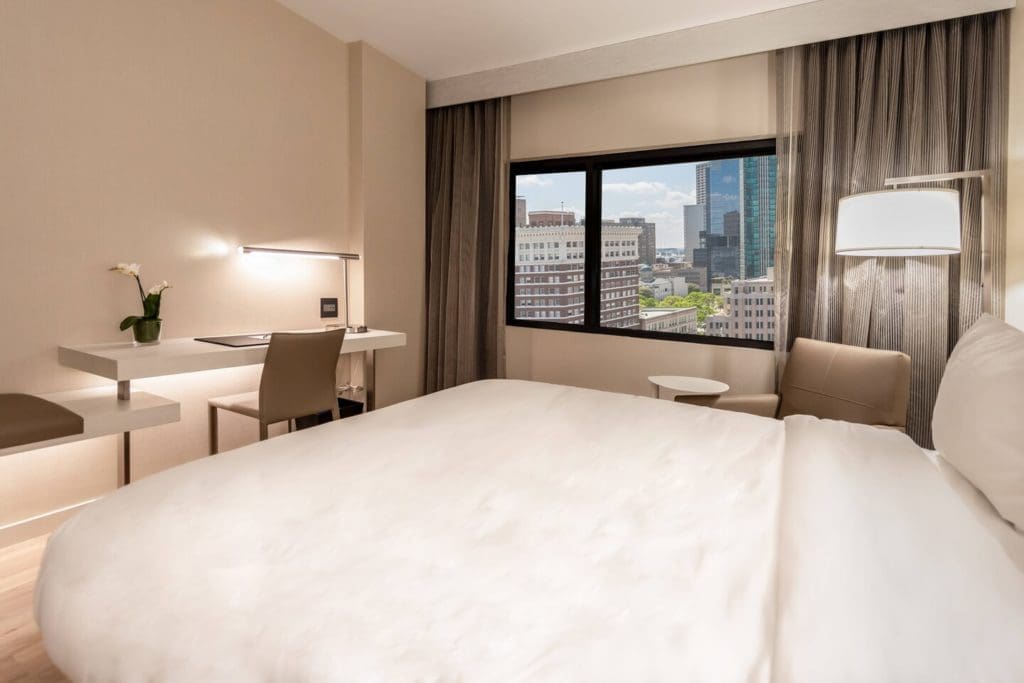 King room with a view of downtown Fort Worth, at AC Hotel Fort Worth Downtown.
