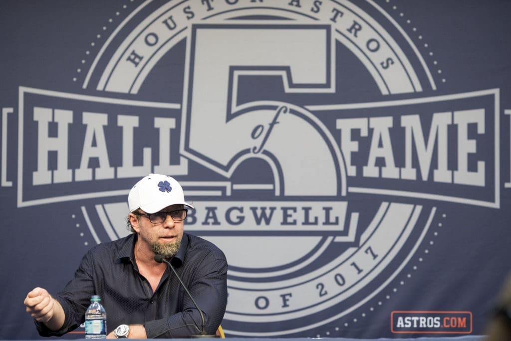 Former Houston Astros first baseman Jeff Bagwell talks to the local media about his selection to the Baseball Hall of Fame in his 7th year of eligibility during a news conference at Minute Maid Park in 2017. (Photo by F. Carter Smith)
